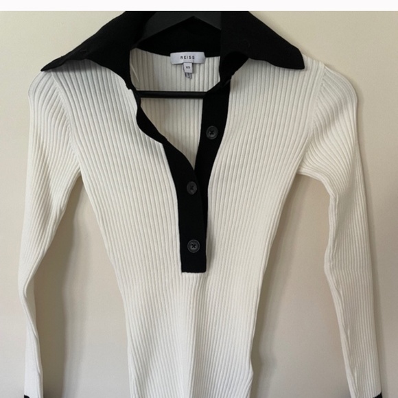 REISS Maia Ivory Black Rib-Knit Half Button Knit Top Sweater XS 2 - Picture 3 of 4